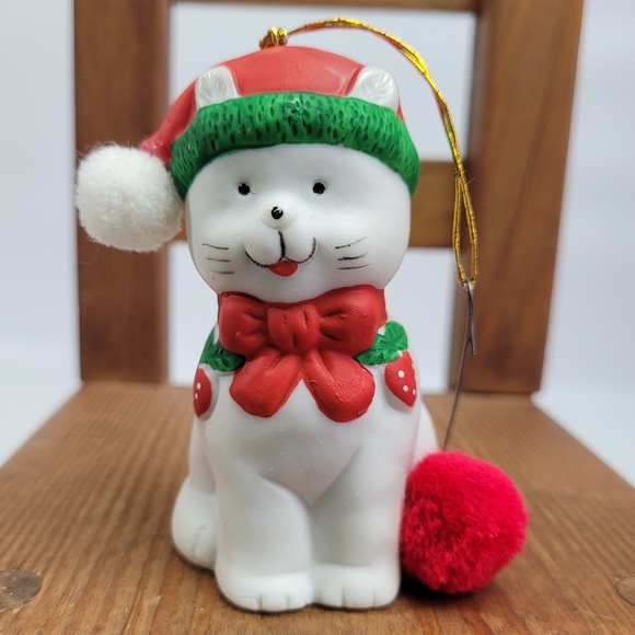 Vintage Jolly Jingles Hand Painted Porcelain Bisque Cat Bell Ornament 3"x2" - Picture 1 of 12